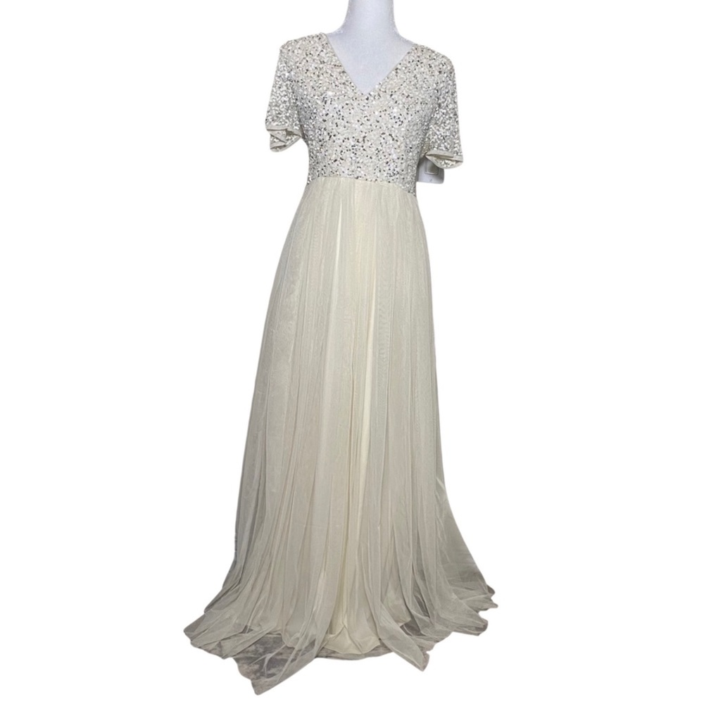 ASOS Maya Bridal V Neck Maxi Tulle Dress Tonal Delicate Sequin Ecru sz 8